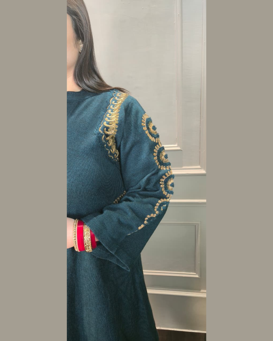 Teal Blue Woollen Cord Set with Golden Embroidery for Women | Winter Designer Wear – House of Kasel